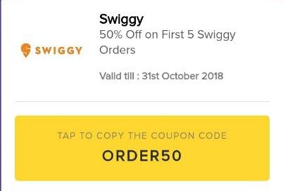 Swiggy- Get flat 50% off upto Rs.100 on First 5 Food order
