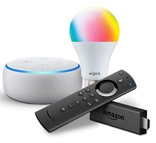 Amazon - Buy Echo Dot (White) bundle with Fire TV Stick and Wipro 9W