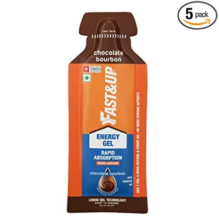 FAST UP Energy Gel Improved endurance and performance gel for running cycling Instant energy booster 73kcal per 30g Chocolate Bourbon Flavour Orange brown