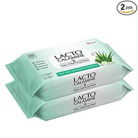 Lacto Calamine Daily Cleansing Face Wipes with Aloe Vera Cucumber and Vitamin E White Pack of 2 50 Count LCWIPES 2 