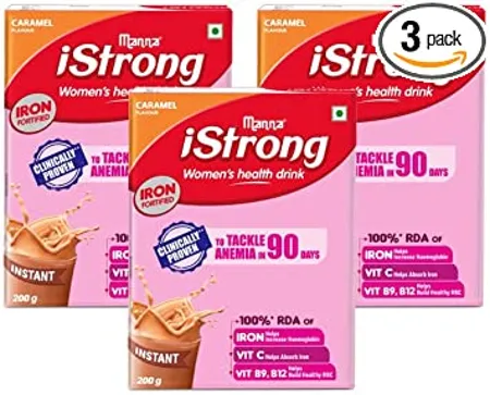 Manna iStrong Clinically Proven to Tackle Anemia in 90 Days Iron Fortified Women s Health Drink Mix Iron Supplement Natural Multigrain Energy Drink Caramel 600g 200g Pack of 3 