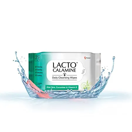 Lacto Calamine Daily Cleansing Face Wipes with Aloe Vera Cucumber and Vitamin E 25 wipes Pack of 1