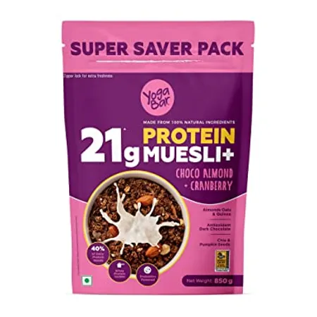 Yogabar High Protein Muesli Choco Almond Cranberry 21g Protein Muesli Whey Protein Isolate Almonds Probiotics Muesli with Dark Chocolate Nuts Seeds Dried Fruits Protein Snacks 850g