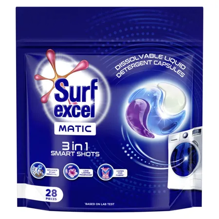 Surf Excel Matic 3 in 1 Smartshots 28 units of dissolvable detergent capsules with Superior Stain Removal Fabric Care and Long Lasting Fragrance 1 shot 1 wash