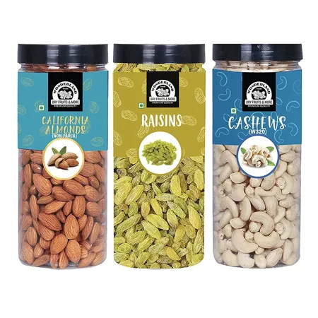 WONDERLAND FOODS DEVICE Healthy Dry Fruits Combo Pack 1 5Kg 500G X 3 Almonds Np Cashews W 320 Long Green Raisins Jar Nutritious Delicious High In Fiber Boost Immunity