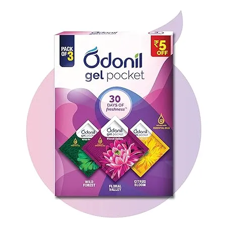 Odonil Gel Pocket Mix 30g Assorted pack of 3 new fragrances Infused with Essential Oils Germ Protection Lasts Up to 30 days Air Freshener for Bathroom and Toilet