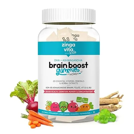 Zingavita DHA Brain Gummies with Honey for Kids 2 years Power of KSM 66 Ashwagandha Amla and Brahmi Extracts for Enhanced Brain Health 100 Veg No Added Sugar 30 Gummies Strawberry Lemon 