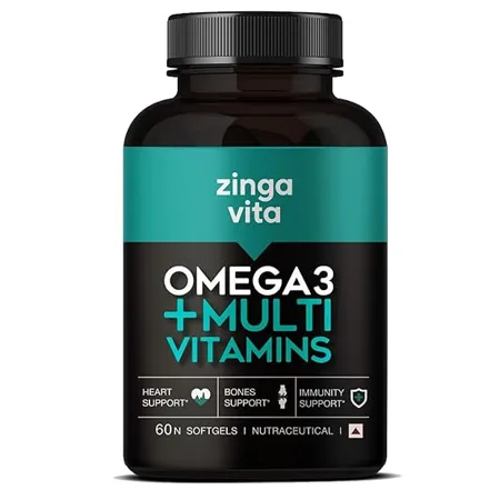 Zingavita Omega 3 Fish Oil 1000mg Capsules with Multivitamin 60 Capsules Fish Oil EPA DHA with Ginseng Ashwagandha 25 Ingredients for Energy Immunity Heart Bone Joints Support