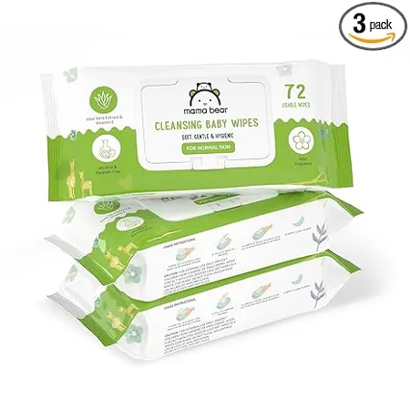 Amazon Brand Mama Bear Cleansing Baby Wipes With Lid Enriched with Aloe vera Vitamin E Paraben Free pH Balanced Dermatologically tested 72 Count Pack of 3 