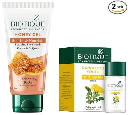 Biotique Bio Honey Gel Refreshing Foaming Face Wash 150ml Dandelion Visibly Ageless Serum 40ml