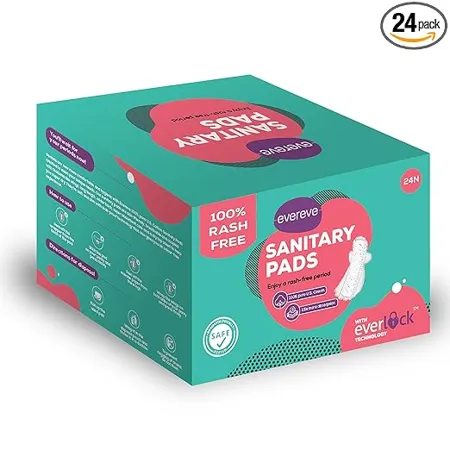 Evereve 100 Us Cotton Ultra Thin Rash Free Sanitary Pads Pack of 24 Pads Heavy Flow Xxl Unscented Leakproof Zero Toxin 50 Wider Back Dermatologically Tested Individual Disposal Bags