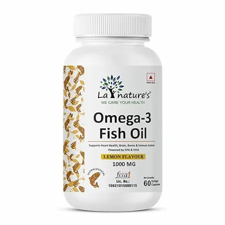 LA NATURE S Omega 3 Fish Oil 60 Capsules 1000mg High Potency 180mg EPA 120mg DHA Lemon Flavored Softgels for Heart Brain Joints Eyes and Skin Essential Omega 3 Fatty Acids for Men and Women