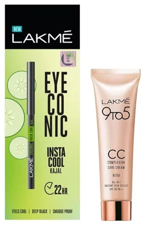 Lakm Eyeconic Insta Cool Kajal Black Cooling Kohl Liner with Cucumber Twist Up Pencil 0 35 g Lakme 9 to 5 CC Cream Mini 01 Beige Light Face Makeup with Natural Coverage SPF 30 9 g