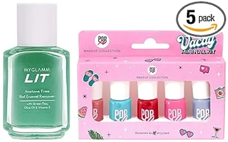 MyGlamm LIT Nail Enamel Remover 30ml Popxo Mini Nail Kit Vacay Bloody Mary Perfect Peach Beach Please Pink Nic Sea Ya 15ml