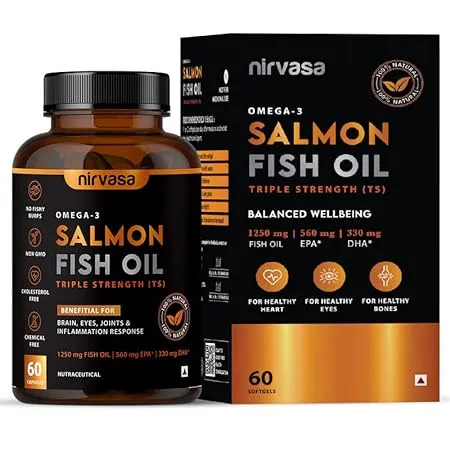 Nirvasa Omega 3 Salmon Fish Oil Softgel Capsules Triple Strength for Men Women 1250mg Salmon Fish Oil 560mg EPA 400mg DHA No Fishy Burps Supports Healthy Heart Brain Bones 60 x 1 Cap