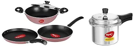 Pigeon Basics Non Induction Base Nons tick Aluminium Cookware Set Pink Pigeon by Stovekraft Favourite Induction Base Aluminium Pressure Cooker with Outer Lid 3 litres Silver 