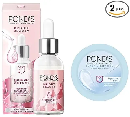 Pond s Bright Beauty Spot less Glow Serum 30ml POND S Super Light Gel Oil Free Face Moisturizer 73 g With Hyaluronic Acid Vitamin E for Fresh Glowing Skin 24 hr Hydration Daily Use