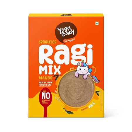 Yogababy by YogaBar Sprouted Ragi Mix Mango Healthy Porridge Mix for Infants Kids Children Easy to Slurp Baby Foods Tasty Cereal for Babies Rich in Protein Fibre Calcium 250g