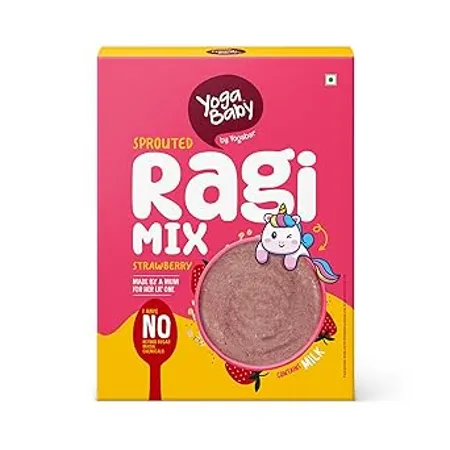 Yogababy by YogaBar Sprouted Ragi Mix Strawberry Healthy Porridge Mix for Infants Kids Children Easy to Slurp Baby Foods Tasty Cereal for Babies Rich in Protein Fibre Calcium 250g