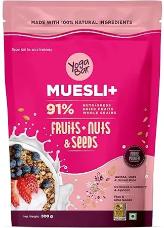 Yogabar Muesli Fruit and Nuts Wholegrain Breakfast Cereals with Oats and Dry Fruits High in Omega 3 Gluten Free Vegan Granola with Chia and Flax Seeds 500g Pack of 1 