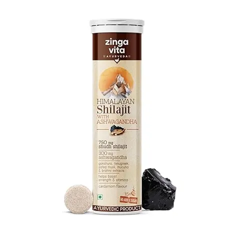 Zingavita 750mg Himalayan Shilajit Effervescent AYUSH certified With Ashwagandha root extract Gokshura Fenugreek Safed Musli Kaunch Beej Brahmi for Stamina Performance Muscle recovery Resin based extract Cardamom Flavour 15 Tablets