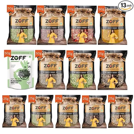 Zoff Whole Spices Pack of 13 Green Cardamom Ajwain Black pepper Cloves Big Cardamom Bay Leaves Kasoori Methi 50 g Methi dana Saunf Ntwt 475g