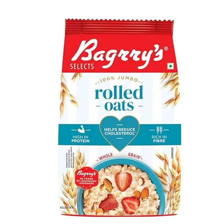Bagrry s 100 Jumbo Rolled Oats 1kg Pouch Whole Grain Rolled Oats with High Fibre Protein Non GMO Healthy Food with No Added Sugar Diet food for Weight Management Premium Rolled Oats