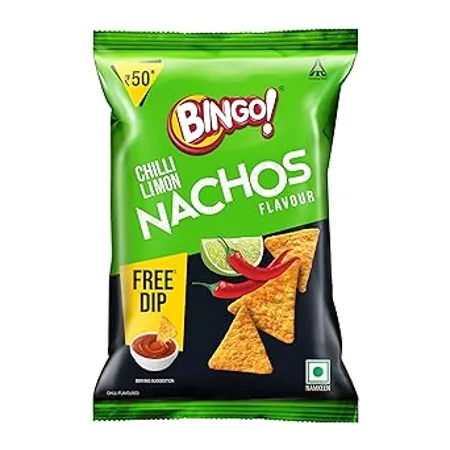 Bingo Nachos Chilli Limon Flavour Thin And Crunchy Nacho Chips Tasty Snack Triangle Shaped Chips 82 5Gram Dips 12Gm 2 Free Jalapeno Lemon Sriracha