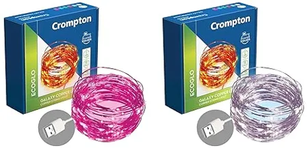 Crompton Galaxy Decoration Copper USB Powered String Fairy Lights with 100 Led Light 10 Meters Pink Cool White Pack of 2 