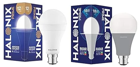 Halonix Prime 12W B22D Inverter Rechargebale Emergency Led Bulb Pack of 1 White Radar 10W B22 Cool day white Motion Sensor Led Bulb Auto on Auto off Pack of 1 White