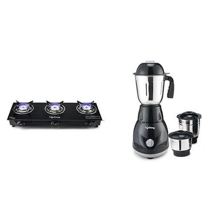 Lifelong LLGS930 Manual Ignition High Efficiency 3 Burner Gas Stove with Toughened Glass Top Black Lifelong LLMG23 Power Pro 500 Watt Mixer Grinder with 3 Jars blades Black 