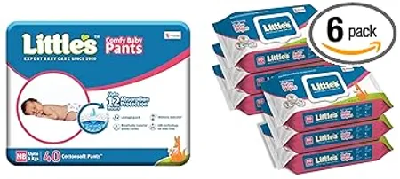 Little s Soft Cleansing Baby Wipes Lid 80 Wipes Pack of 6 Little s Baby Pants Diapers with Wetness Indicator and 12 Hours Absorption New Born White upto 5 kgs 40 Count