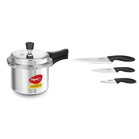 Pigeon By Stovekraft Favourite Induction Base Aluminium Pressure Cooker with Outer Lid 3 Litres Silver Stainless Steel Kitchen Knives Set 3 Pieces Multicolour