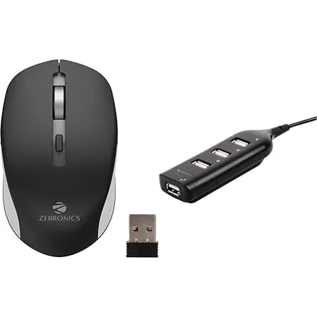 ZEBRONICS Zeb Jaguar Wireless Mouse 2 4GHz with USB Nano Receiver High Precision Optical Tracking ZEB 90HB USB Hub 4 Ports Pocket Sized Plug Play for Laptop Computers