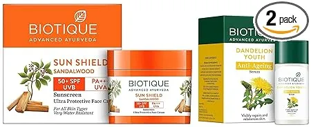 Biotique Bio Sandalwood Face Body Sun Cream SPF 50 UVA UVB Sunscreen For All Skin Types In The Sun Very Water Resistant 50gm And Dandelion Visibly Ageless Serum 40 ml