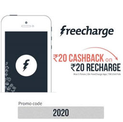 freecharge Rs 20 cashbck on Rs 20 recharge