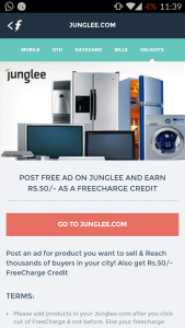 freecharge junglee 50 credits on posting free ad