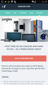 junglee freecharge Rs 100 free credits