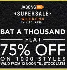 Jabong loot- Get flat 75% off on more than 1000 styles + Extra 10 % off