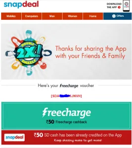 snapdeal refer and earn freecharge coupon proof