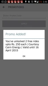 uber cabs 2 free rides upto Rs 250 each