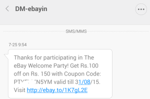 ebay Rs 100 off on Rs 150 discount copuon