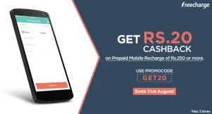 Freecharge Rs 20 cb on Rs 250