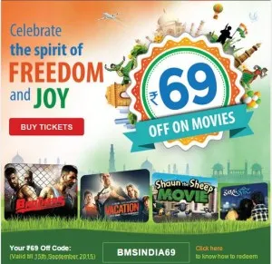 bookmyshow Rs 69 off on movie ticket + 15 cashback