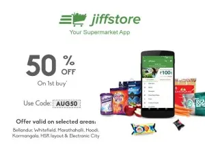 jiffstore grocery at 50% discount + 10% extra cashback