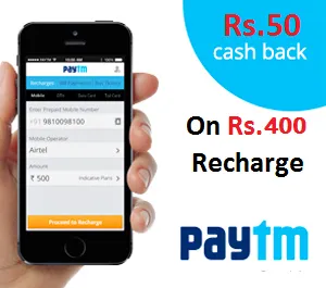 paytm Rs 50 cashback on Rs 400 mobile recharge or bill payment