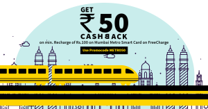 Mumbai metro card recharge Rs 50 cashback on Rs 100 freecharge