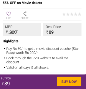 pvr cinemas Rs 200 movie voucher for Rs 89 little deals