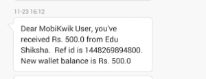 mobikwik edushiksha Rs 500 proof