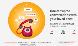 Freecharge Rs 100 cb on landline bill payment of Rs 500